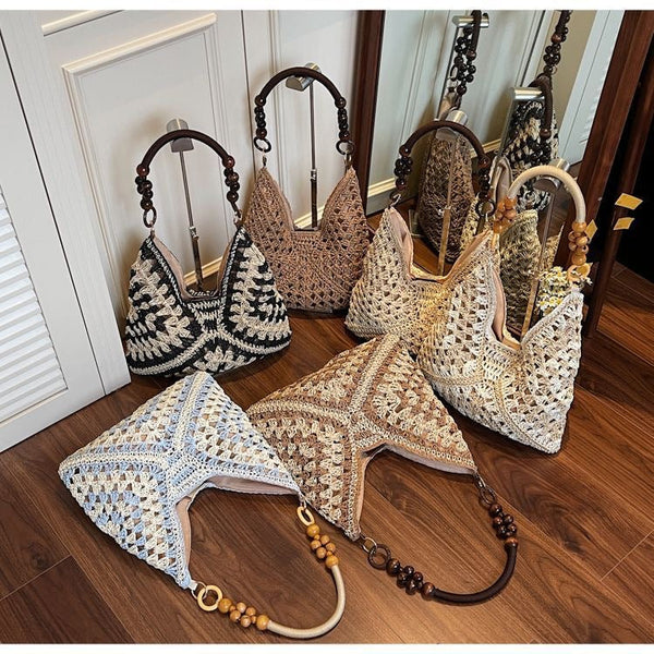 White And Beige Stylish Hand Woven Paper Rope Bag Boho Crochet Tote For Summer & Travel Women's Bags & Handbags