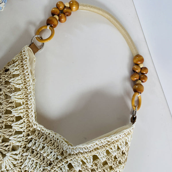 White And Beige Stylish Hand Woven Paper Rope Bag Boho Crochet Tote For Summer & Travel Women's Bags & Handbags