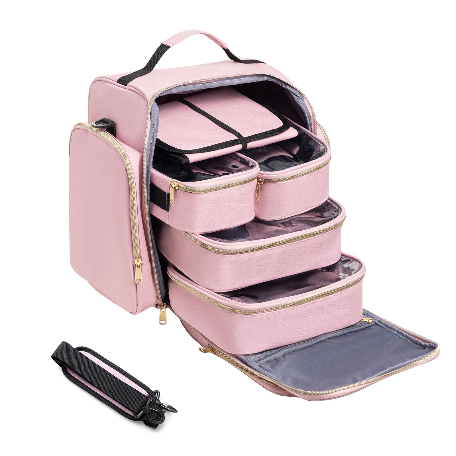 Large Capacity Travel Makeup Backpack With 5 Removable Organizer Cases & Jewelry Roll(Pink) Makeup Bags & Cases