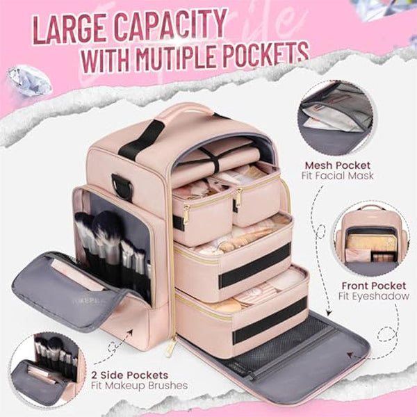 Large Capacity Travel Makeup Backpack With 5 Removable Organizer Cases & Jewelry Roll(Pink) Makeup Bags & Cases