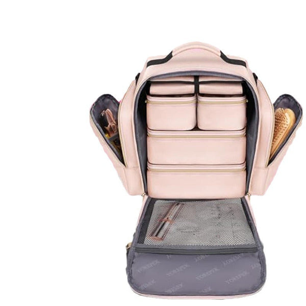 Large Capacity Travel Makeup Backpack With 5 Removable Organizer Cases & Jewelry Roll(Pink) Makeup Bags & Cases