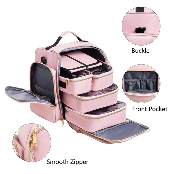 Large Capacity Travel Makeup Backpack With 5 Removable Organizer Cases & Jewelry Roll(Pink) Makeup Bags & Cases