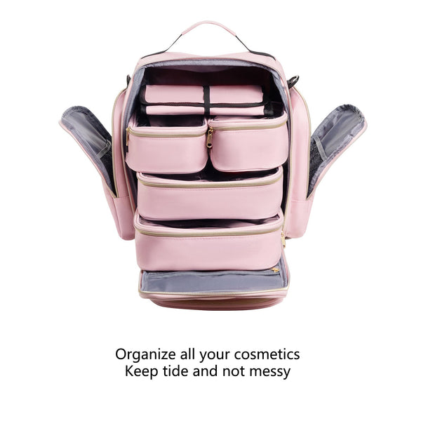 Large Capacity Travel Makeup Backpack With 5 Removable Organizer Cases & Jewelry Roll(Pink) Makeup Bags & Cases