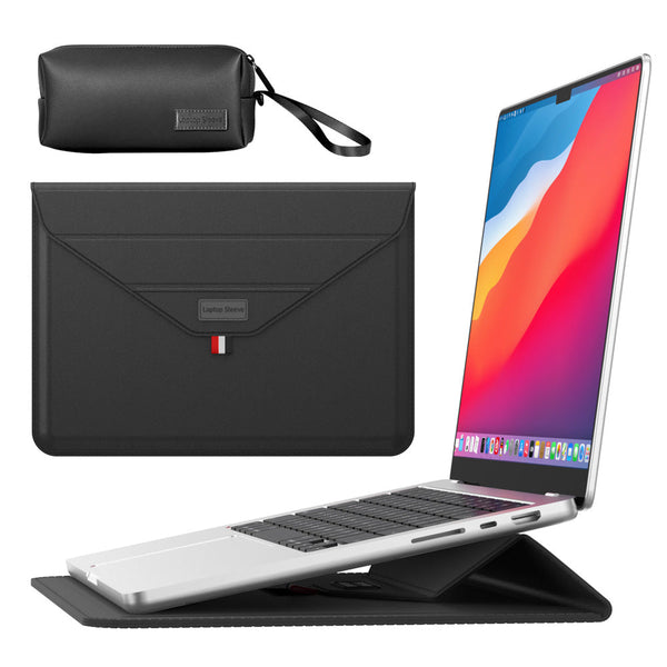 3 In 1 Pu Leather Laptop Sleeve With Stand & Mouse Pad + Accessory Pouch(Black) Laptop Cases & Bags