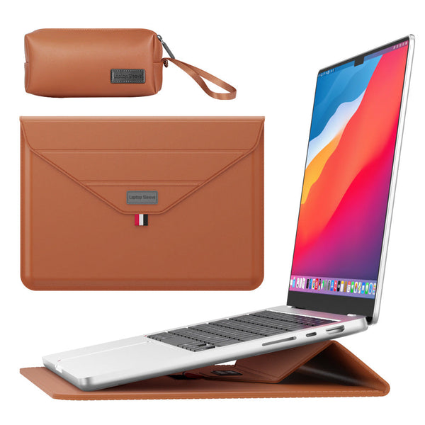 Elosung 3 In 1 Pu Leather Laptop Sleeve With Stand & Mouse Pad + Accessory Pouch(Brown) Laptop Cases & Bags