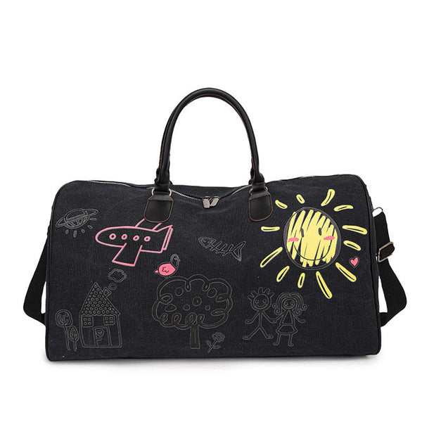 Large Capacity Canvas Travel Duffel Bag With Doodle Print Weekend & Gym Tote(Black) Duffle Bags