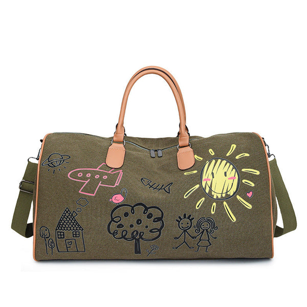 Large Capacity Canvas Travel Duffel Bag With Doodle Print Weekend & Gym Tote(Green) Duffle Bags