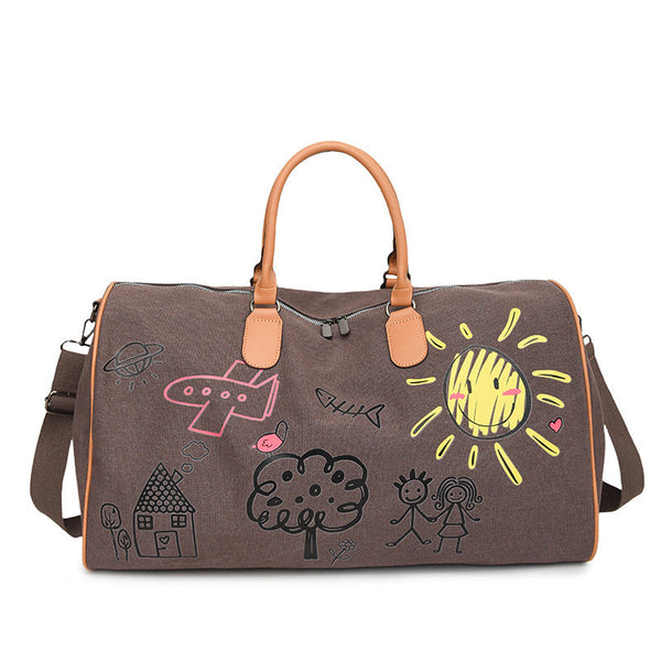 Large Capacity Canvas Travel Duffel Bag With Doodle Print Weekend & Gym Tote(Coffee) Duffle Bags