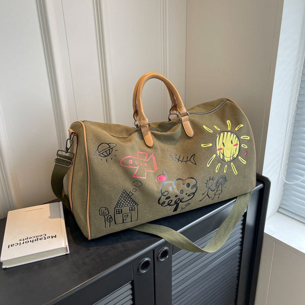 Large Capacity Canvas Travel Duffel Bag With Doodle Print Weekend & Gym Tote(Coffee) Duffle Bags