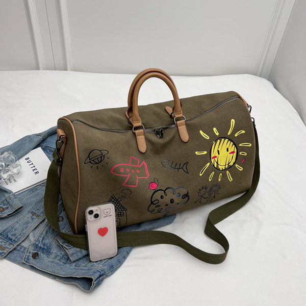 Large Capacity Canvas Travel Duffel Bag With Doodle Print Weekend & Gym Tote(Coffee) Duffle Bags