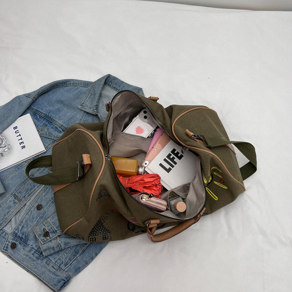 Large Capacity Canvas Travel Duffel Bag With Doodle Print Weekend & Gym Tote(Coffee) Duffle Bags