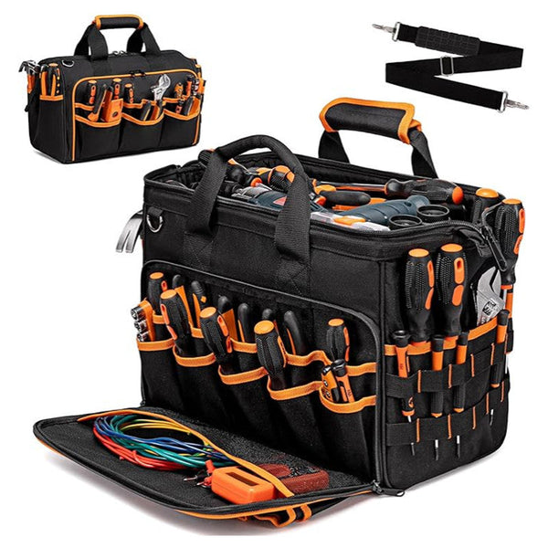 Heavy Duty 17 Inch Tool Bag With 46 Pockets Waterproof Base & Shoulder Strap(Black Orange) Tool Bags Belts & Pouches