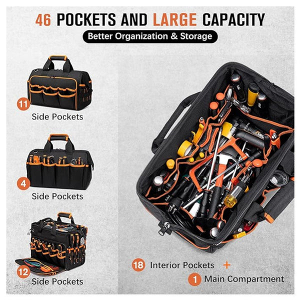 Heavy Duty 17 Inch Tool Bag With 46 Pockets Waterproof Base & Shoulder Strap(Black Orange) Tool Bags Belts & Pouches