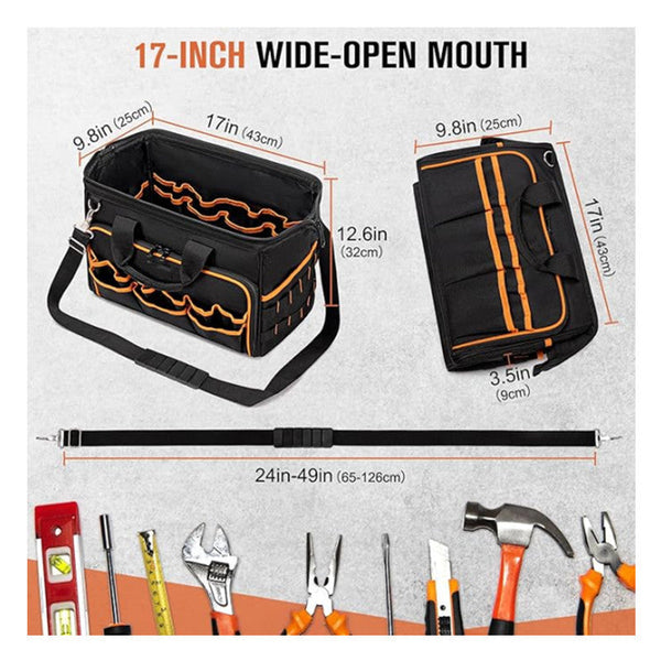 Heavy Duty 17 Inch Tool Bag With 46 Pockets Waterproof Base & Shoulder Strap(Black Orange) Tool Bags Belts & Pouches