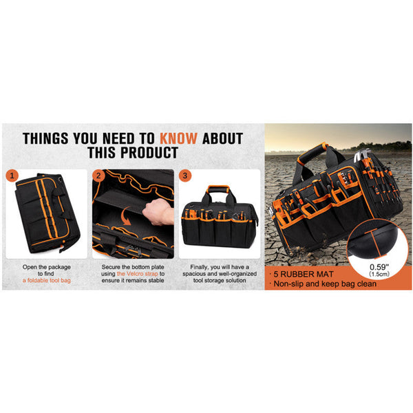 Heavy Duty 17 Inch Tool Bag With 46 Pockets Waterproof Base & Shoulder Strap(Black Orange) Tool Bags Belts & Pouches