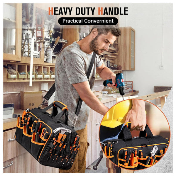Heavy Duty 17 Inch Tool Bag With 46 Pockets Waterproof Base & Shoulder Strap(Black Orange) Tool Bags Belts & Pouches