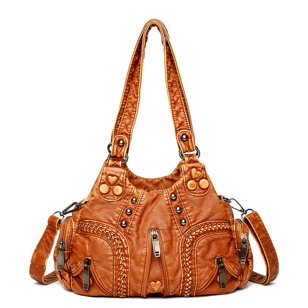 Yellow Women's Vintage Studded Hobo Bag Soft Washed Leather Multi Pocket Shoulder & Crossbody Purse Women's Bags & Handbags