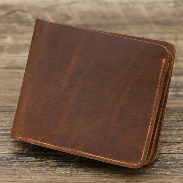 Red Brown Men's Crazy Horse Leather Wallet Genuine Bifold Card Holder Retro Rugged Top Grain Cowhide (11.5X2x9.5 Cm 120G) Wallets