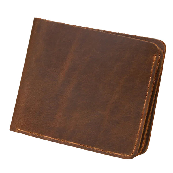 Red Brown Men's Crazy Horse Leather Wallet Genuine Bifold Card Holder Retro Rugged Top Grain Cowhide (11.5X2x9.5 Cm 120G) Wallets