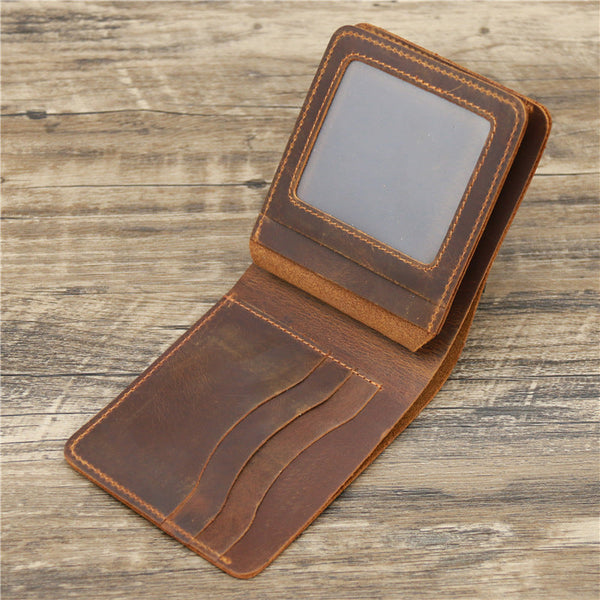 Red Brown Men's Crazy Horse Leather Wallet Genuine Bifold Card Holder Retro Rugged Top Grain Cowhide (11.5X2x9.5 Cm 120G) Wallets