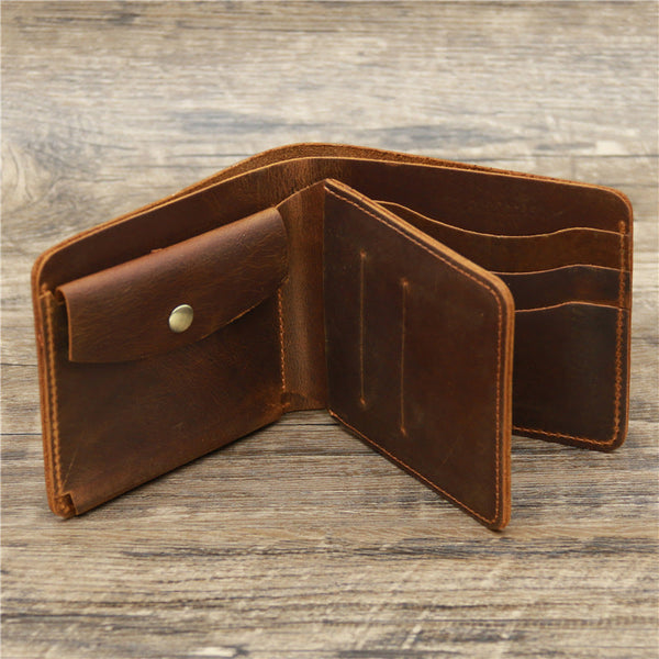 Red Brown Men's Crazy Horse Leather Wallet Genuine Bifold Card Holder Retro Rugged Top Grain Cowhide (11.5X2x9.5 Cm 120G) Wallets