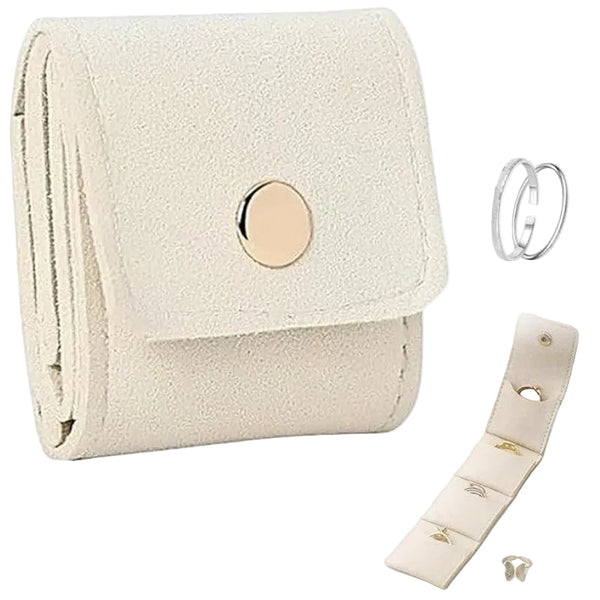 Beige Mini Jewelry Pouch Soft Velvet Travel Organizer For Rings And Earrings Compact Snap Button Storage Bag Ideal Daily Use Jewellery Holders & Organ