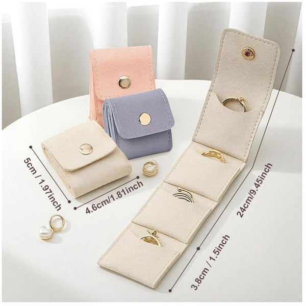 Beige Mini Jewelry Pouch Soft Velvet Travel Organizer For Rings And Earrings Compact Snap Button Storage Bag Ideal Daily Use Jewellery Holders & Organ