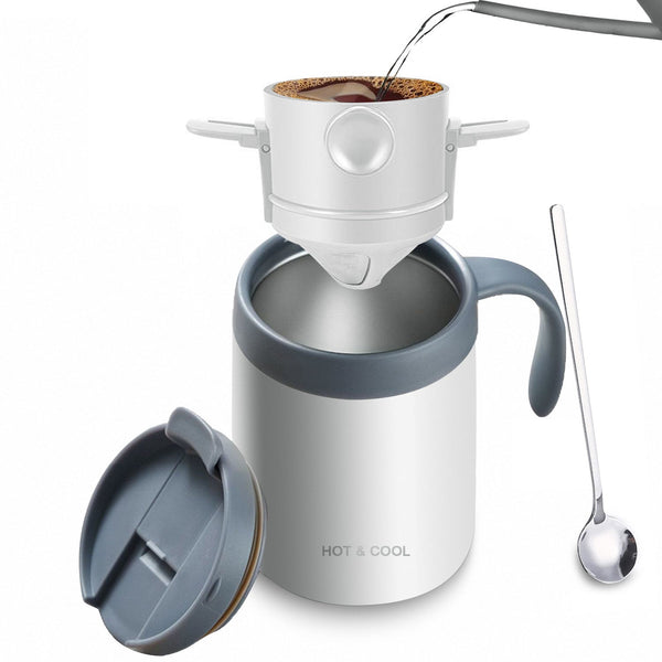 White Pour Over Coffee Maker Set Stainless Steel Insulated Travel Mug With Collapsible Reusable Dripper Filter For Camping Office And Home Other Coffe