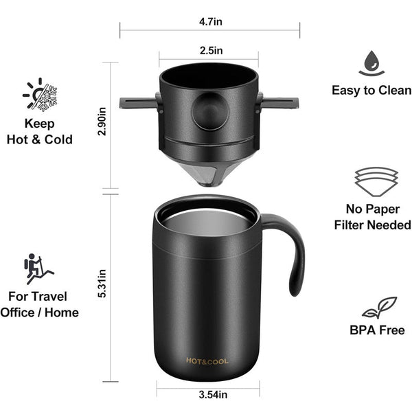 White Pour Over Coffee Maker Set Stainless Steel Insulated Travel Mug With Collapsible Reusable Dripper Filter For Camping Office And Home Other Coffe