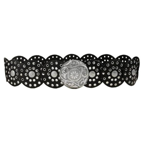 Women's Y2k Style Wide Waist Belt Black Faux Leather Disc Linked Grommet Studded With Engraved Western Buckle For Jeans And Festivals Belts