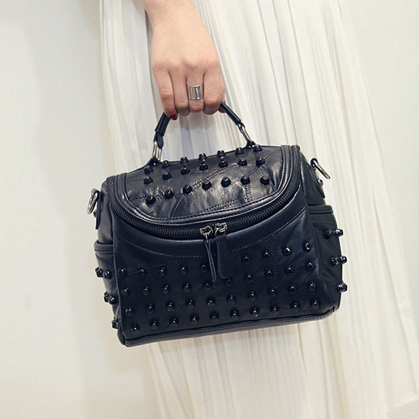 Women's Black Studded Handbag Soft Pu Leather Crossbody Shoulder Bag With Rivets Trendy Box Purse 22Cm For Travel Party Women's Bags & Handbags