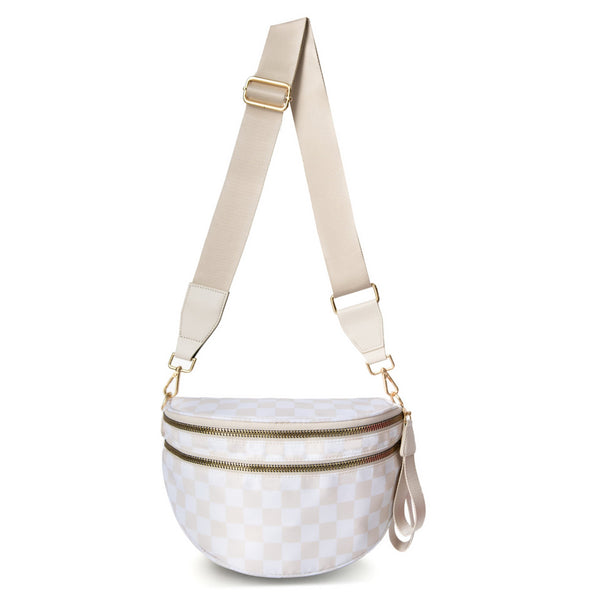 White And Beige Checkered Pattern Women's Large Crescent Crossbody Bag Lightweight Oxford Cloth Shoulder Sling Purse Adjustable Strap For Travel Gym &
