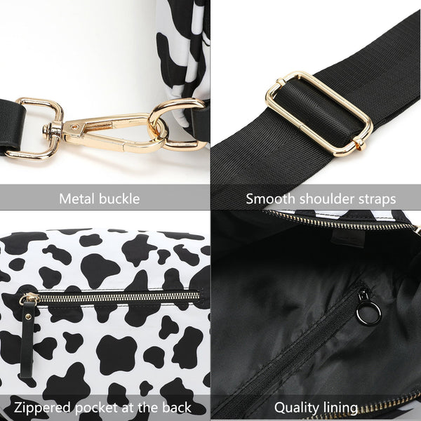 White And Beige Checkered Pattern Women's Large Crescent Crossbody Bag Lightweight Oxford Cloth Shoulder Sling Purse Adjustable Strap For Travel Gym &
