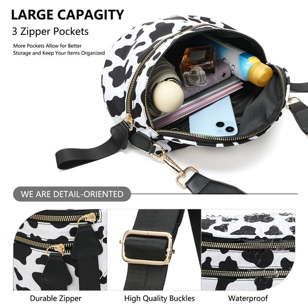 White And Beige Checkered Pattern Women's Large Crescent Crossbody Bag Lightweight Oxford Cloth Shoulder Sling Purse Adjustable Strap For Travel Gym &
