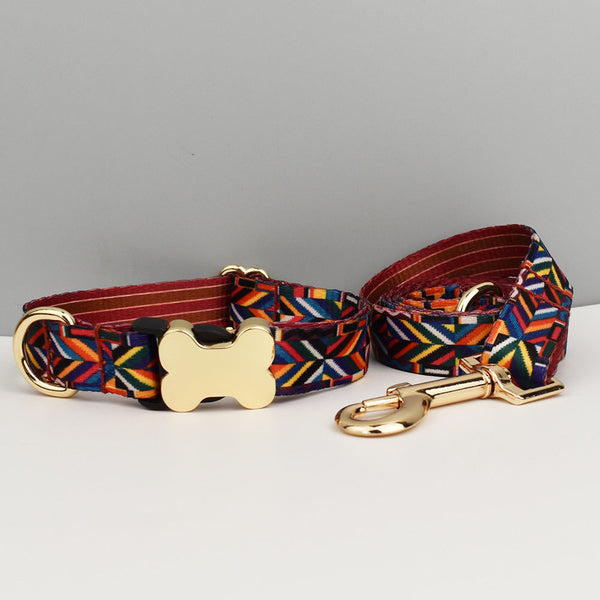 Xl Rainbow Boho Patterned Dog Collar With Gold Metal Bone Buckle Adjustable Tribal & Leopard Print Neck Strap For Puppies Dogs Dog Collars