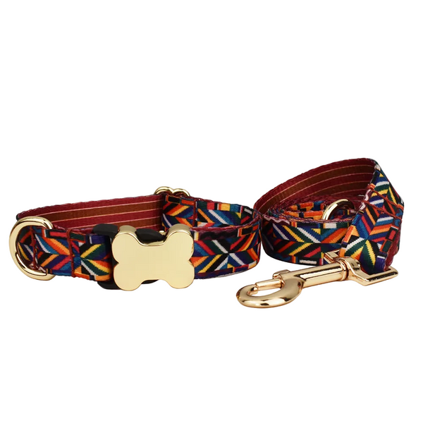 Xl Rainbow Boho Patterned Dog Collar With Gold Metal Bone Buckle Adjustable Tribal & Leopard Print Neck Strap For Puppies Dogs Dog Collars