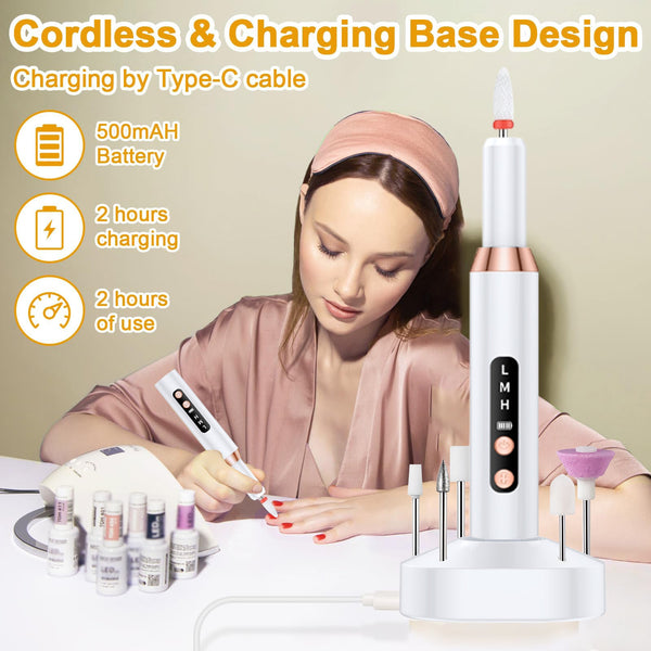 White Cordless Electric Nail Drill Kit Portable Manicure Pedicure Polisher With 12 Bits Electric Files & Tools