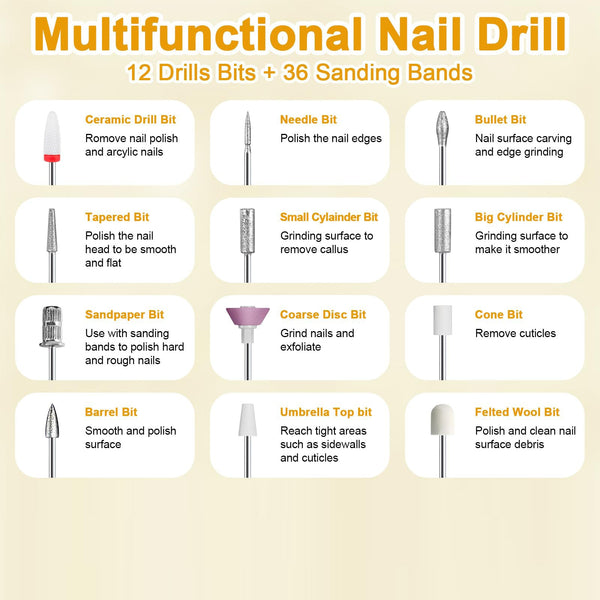 White Cordless Electric Nail Drill Kit Portable Manicure Pedicure Polisher With 12 Bits Electric Files & Tools