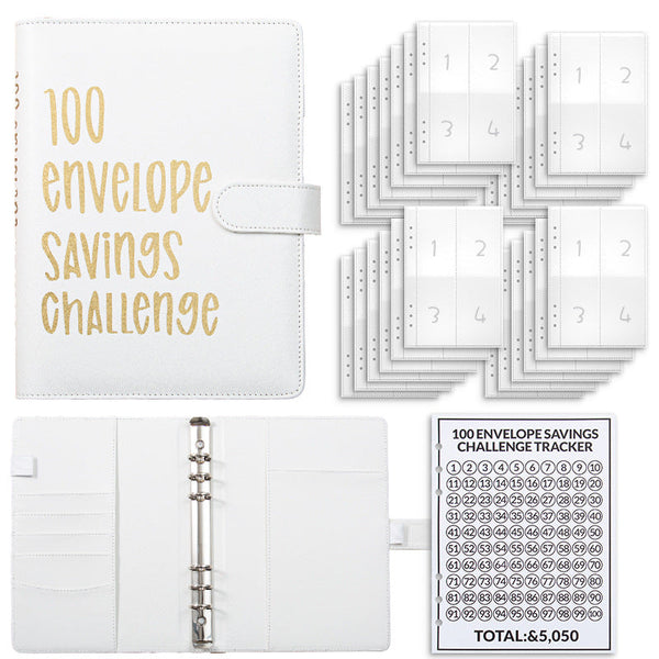 White 100 Envelope Savings Challenge Binder A5 Budget Planner & Money Organizer With Zipper Pockets Perfect For Couples Families School Supplies