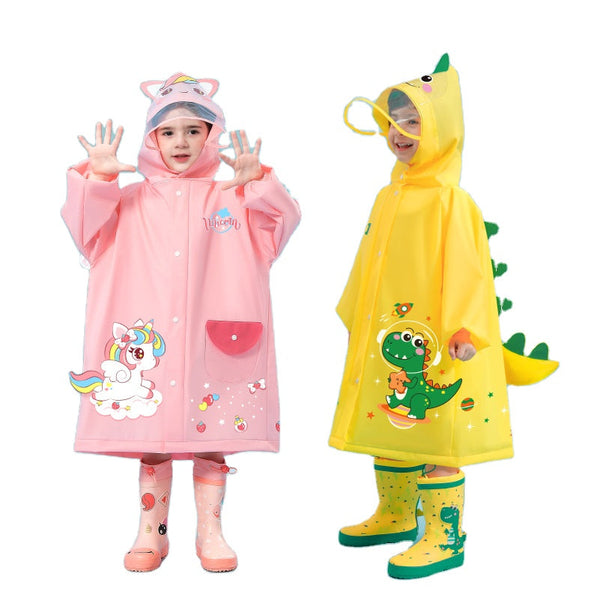 Yellow Dinosaur Kids Waterproof Raincoat With Expandable Backpack Slot Hooded Jacket For Boys Girls School Outdoor Raincoats