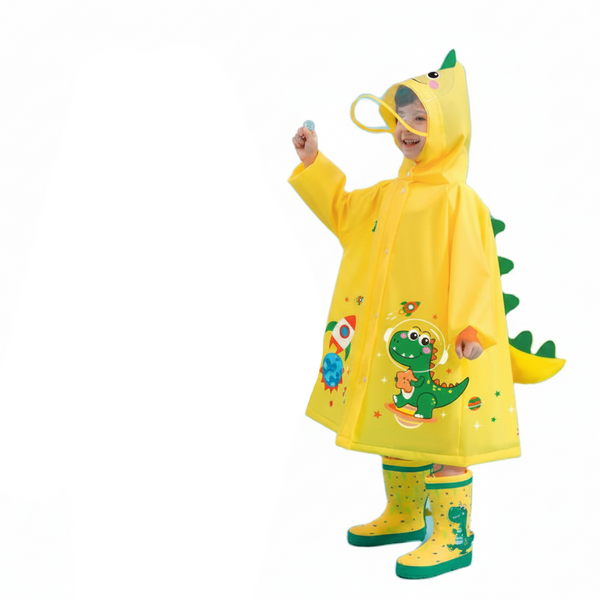 Yellow Dinosaur Kids Waterproof Raincoat With Expandable Backpack Slot Hooded Jacket For Boys Girls School Outdoor Raincoats
