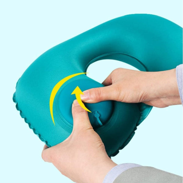 2 Pcs Sky Blue Inflatable Travel Neck Pillow Press To Inflate U Shape Soft Flocking Support Cushion For Airplane Car & Camping Portable Pump Design Pi