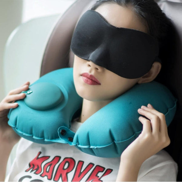 2 Pcs Navy Blue Inflatable Travel Neck Pillow Press To Inflate U Shape Soft Flocking Support Cushion For Airplane Car & Camping Portable Pump Design P