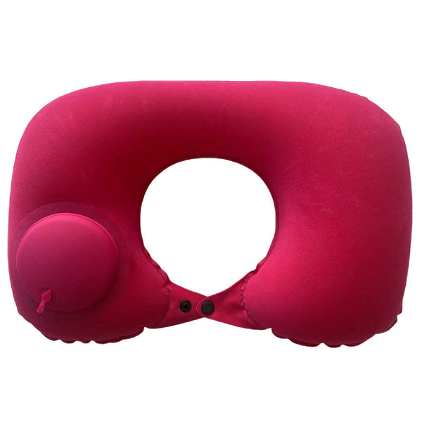 2 Pcs Rose Red Inflatable Travel Neck Pillow Press To Inflate U Shape Soft Flocking Support Cushion For Airplane Car & Camping Portable Pump Design Pi