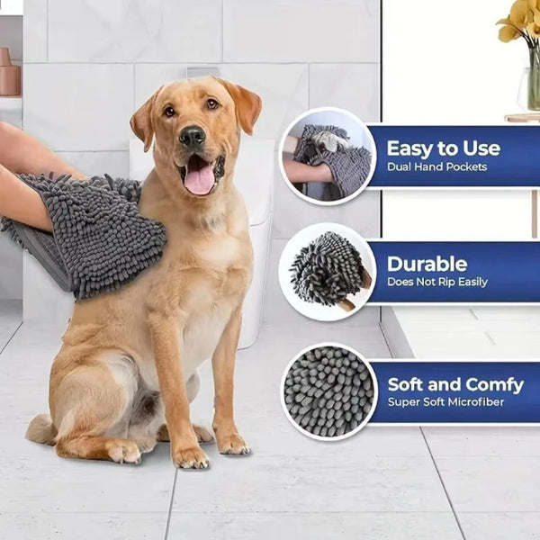Grey Super Absorbent Pet Bath Towel With Hand Pockets Quick Dry Chenille Microfibre For Dogs And Cats Large Size 62Cm Dog Grooming