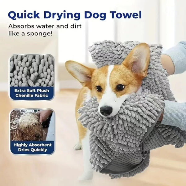 Grey Super Absorbent Pet Bath Towel With Hand Pockets Quick Dry Chenille Microfibre For Dogs And Cats Large Size 62Cm Dog Grooming