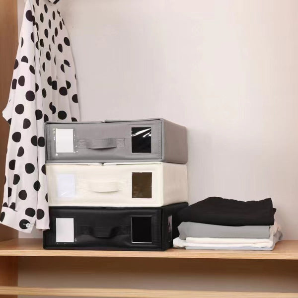 Beige Foldable Oxford Fabric Storage Box With Clear Window A Large Capacity Organizer For Bedding Clothes & More | Collapsible Design Handle And Label