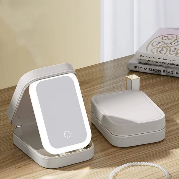 White Led Makeup Mirror With Jewellery Storage Box Touch Screen Light Travel Cosmetic Organizer Case Makeup Mirrors