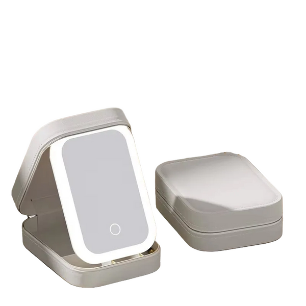 White Led Makeup Mirror With Jewellery Storage Box Touch Screen Light Travel Cosmetic Organizer Case Makeup Mirrors