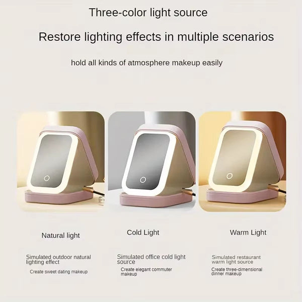 White Led Makeup Mirror With Jewellery Storage Box Touch Screen Light Travel Cosmetic Organizer Case Makeup Mirrors